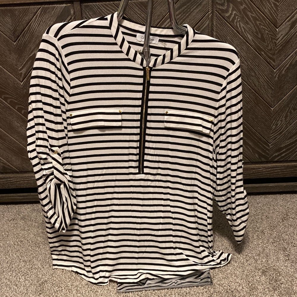 NWOT Calvin Klein Black and White Striped Blouse, 3/4 sleeves